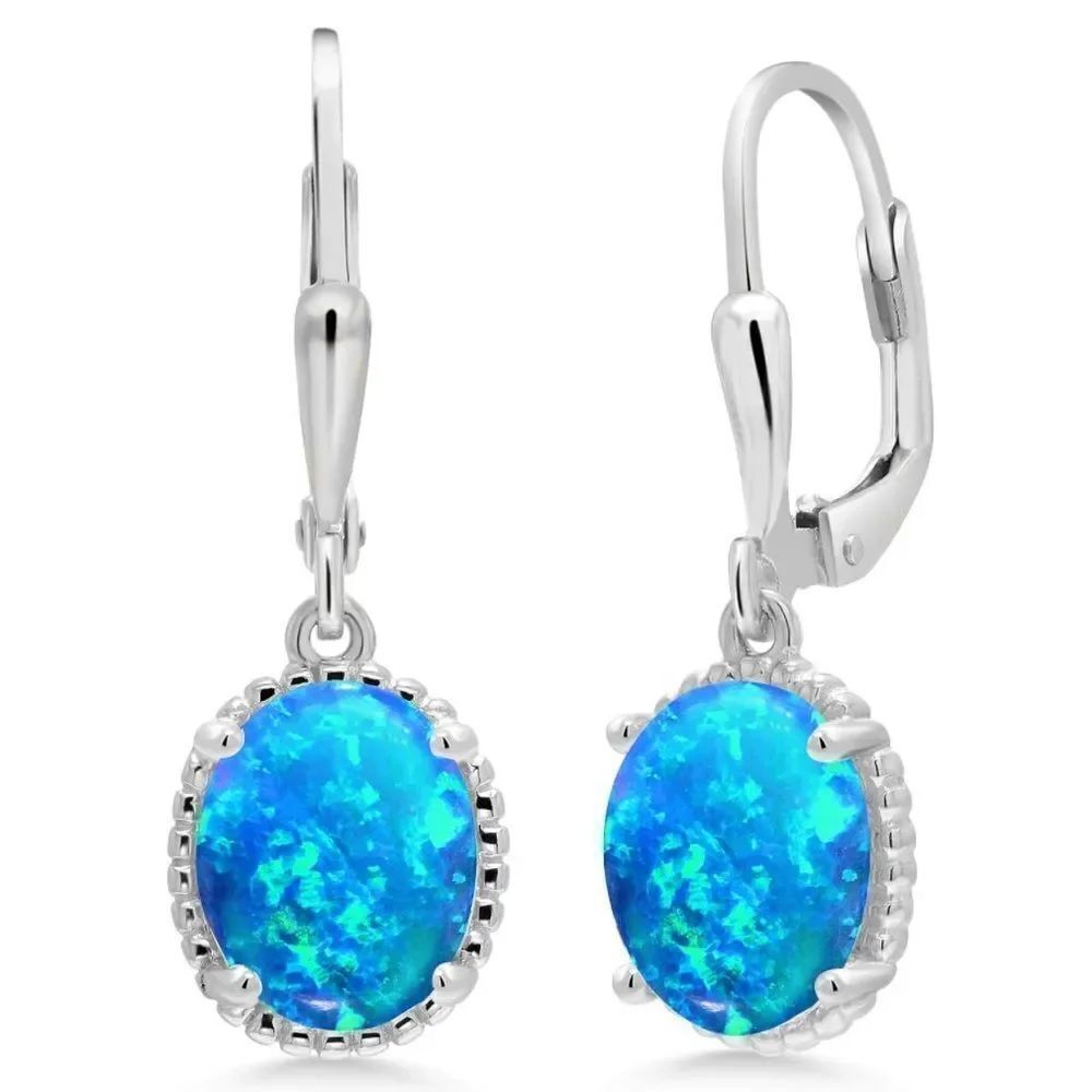 925 Sterling Silver with 1.12 Cttw Blue Opal Oval Leverback Hook Earrings